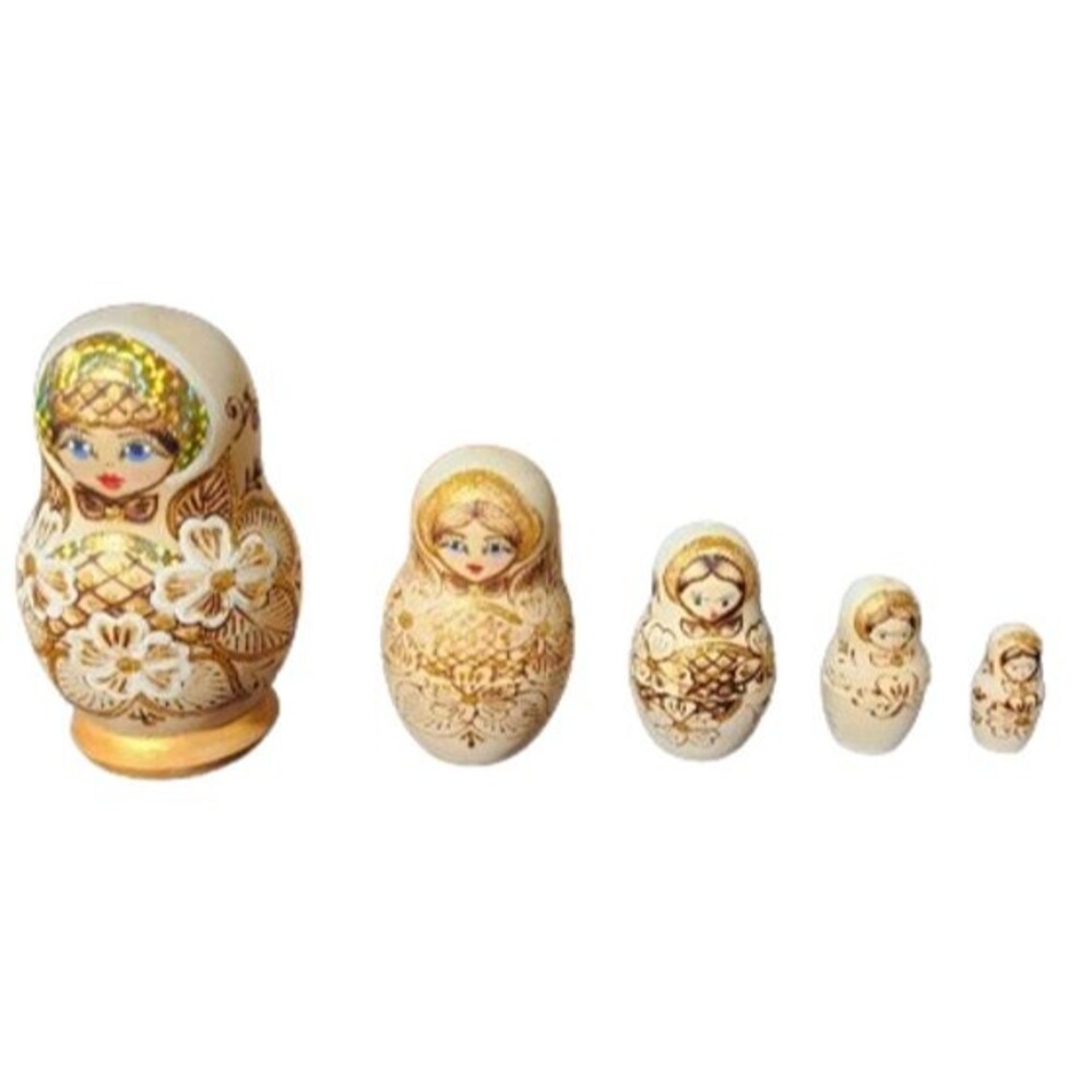 Matryoshka Russian Nesting Dolls 5 Piece Natural Wood Hand Painted 5 inches